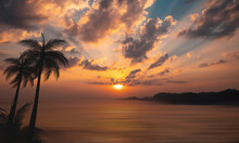 Palm Trees At Sunrise With Orange Sea And Clouds