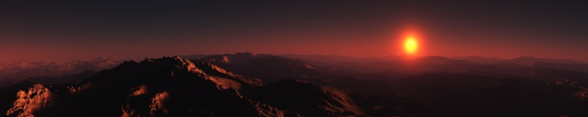  Beautiful panorama of an alien landscape, sunset on Mars, Martian panorama, 3D rendering