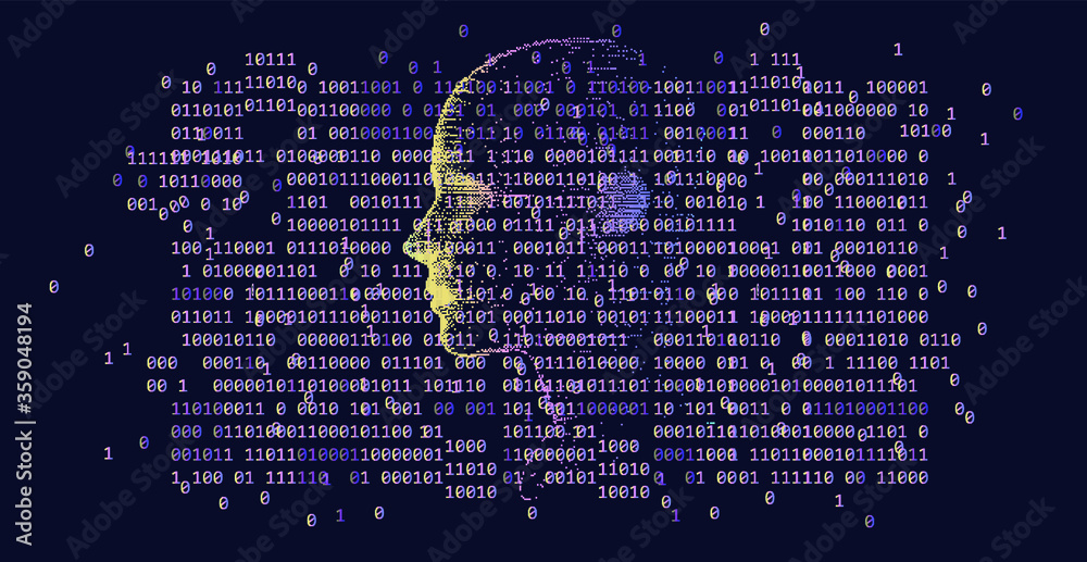 Silhouette of a human made in pixel art style. Conceptual image of AI ...