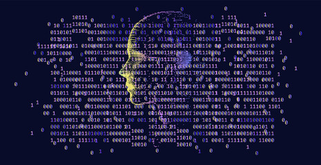 Aufkleber - Silhouette of a human made in pixel art style. Conceptual image of AI (artificial intelligence), VR (virtual reality), Deep Learning  and Face recognition systems.