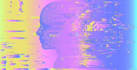 Aufkleber - Cyberpunk and vaporwave style illustration with glitch texture and head silhouette.
