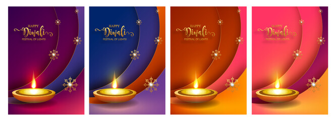 Wall Mural - Diwali, Deepavali or Dipavali the festival of lights india with gold diya patterned and crystals on paper color Background.
