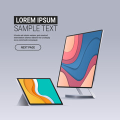 Poster - modern computer monitor and tablet with colored screens realistic mockup gadgets and devices concept