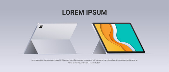 Poster - modern tablet computer front and back view realistic mockup gadgets and devices concept copy space horizontal vector illustration