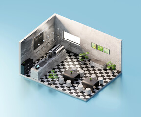 Poster - Isometric view cafe store open inside interior architecture, 3d rendering.