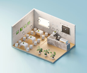 Poster - Isometric view cafe store open inside interior architecture, 3d rendering.