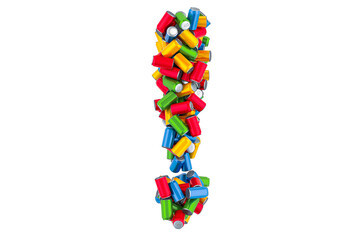 Poster - Exclamation mark from colored metallic drink cans, 3D rendering