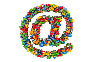Poster - E-mail, at sign from colored metallic drink cans, 3D rendering
