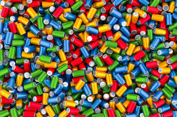 Poster - Background from colored metallic drink cans, 3D rendering