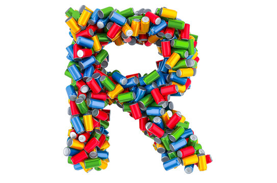 Letter R from colored metallic drink cans, 3D rendering