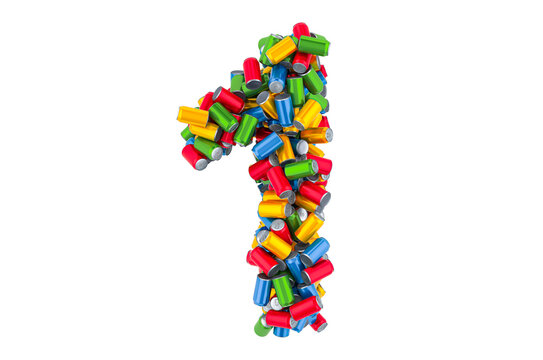 Number 1 from colored metallic drink cans, 3D rendering