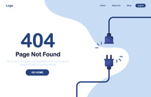 Vector Illustration 404 Error Page Not Found Banner. System Error, Broken Page. Disconnected Wires From The Outlet. Cable And Socket. Cord Plug. For Website. Web Template. Blue. Eps 10