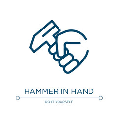 Poster - Hammer in hand icon. Linear vector illustration from hand drawn construction collection. Outline hammer in hand icon vector. Thin line symbol for use on web and mobile apps, logo, print media.