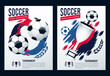soccer league sport poster with balloons and trophy cup