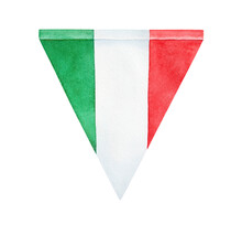 Watercolor Drawing Of Tricolor Bunting Flag Of Italy. Cutout Clip Art Element For Design Decoration, Banner, Greeting Card, Poster. Hand Drawn Watercolour Sketchy Illustration On White Background.