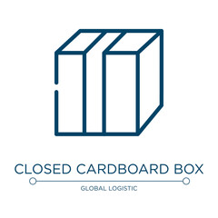 Poster - Closed cardboard box with packing tape icon. Linear vector illustration from boxes collection. Outline closed cardboard box with packing tape icon vector. Thin line symbol for use on web and mobile