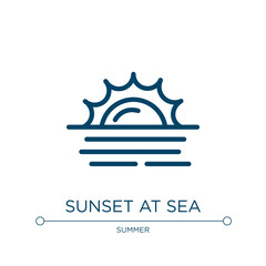 Poster - Sunset at sea icon. Linear vector illustration from summer collection. Outline sunset at sea icon vector. Thin line symbol for use on web and mobile apps, logo, print media.