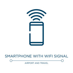 Poster - Smartphone with wifi signal icon. Linear vector illustration from airport and travel collection. Outline smartphone with wifi signal icon vector. Thin line symbol for use on web and mobile apps, logo,