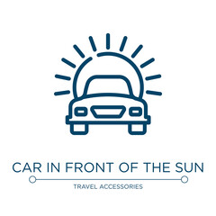 Poster - Car in front of the sun icon. Linear vector illustration from holidays collection. Outline car in front of the sun icon vector. Thin line symbol for use on web and mobile apps, logo, print media.