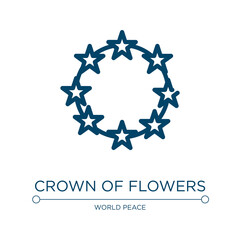 Poster - Crown of flowers icon. Linear vector illustration from world peace collection. Outline crown of flowers icon vector. Thin line symbol for use on web and mobile apps, logo, print media.