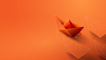 Leadership Concept With Orange Paper Ship Leading. Vector Illustration