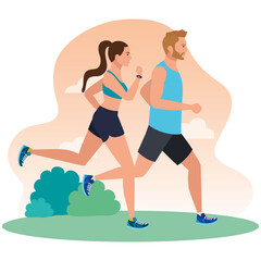 Poster - couple running in landscape, woman and man in sportswear jogging, people athlete, sporty persons vector illustration design