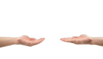 Two Asian men open hand together to share somethings empty on their hands on white background. Clipping path