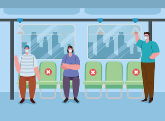 Sticker - social distancing chairs space inside bus, people wearing medical mask, pandemic reducing risk of infection, social distancing concept vector illustration design