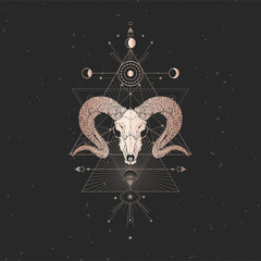 Wall Mural - Vector illustration with hand drawn Wild ram skull and Sacred geometric symbol on black vintage background. Abstract mystic sign. Gold linear shape.