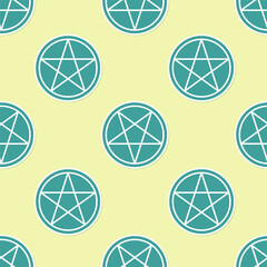 Wall Mural - Green Pentagram in a circle icon isolated seamless pattern on yellow background. Magic occult star symbol.  Vector Illustration