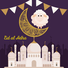 Wall Mural - celebration of muslim community festival eid al adha, card with sacrificial sheep and traditional monument, moon and garlands hanging vector illustration design