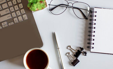 Poster - Office supplies, devices, coffee cup and glasses on white table
