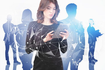 Poster - Woman with tablet and team, global infographics