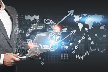Poster - Man with laptop, global infographics