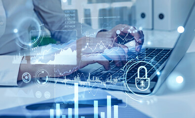 Poster - Woman hands typing on laptop, business infographic