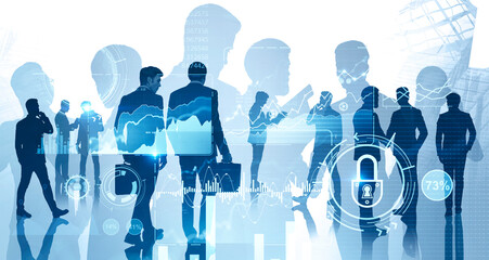 Poster - Business people in city, infographics interface