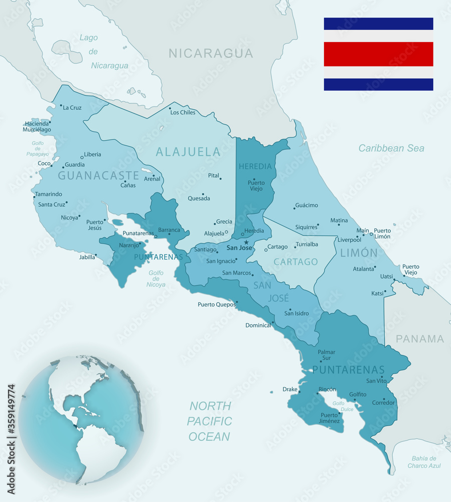 Blue-green detailed map of Costa Rica administrative divisions with ...