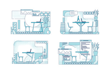 Poster - Modern office interior designs outline vector illustrations set. Business rooms contour compositions on white background. Sales analyst, programmer workplace simple style drawings collection