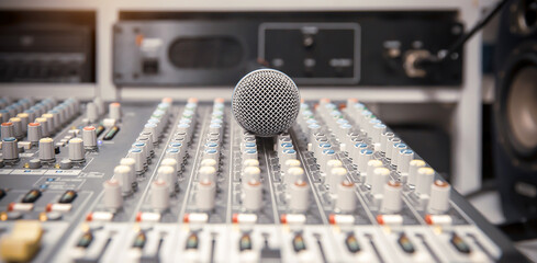 Microphone with mixer audio at studio for live the media and sound record equipment production and meeting concept.