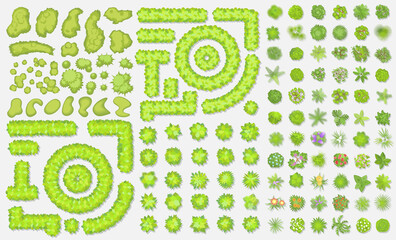 Wall Mural - Green fence, trees, bushes. (Top view) Different plants and trees vector set for architectural or landscape design. (View from above) Nature green spaces.