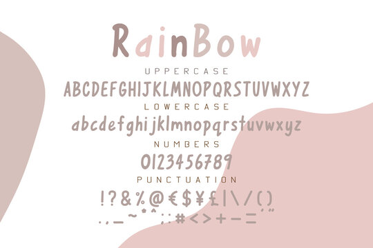 Rainbow font. Childish alphabet with uppercase, lowercase letters, numbers and punctuation isolated on color background. Creative whimsical typography letters. Kids cartoon type vector design.