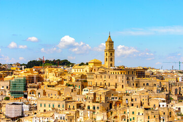 It's Panorama of Matera, Puglia, Italy. The Sassi and the Park of the Rupestrian Churches of Matera. UNESCO World Heritage