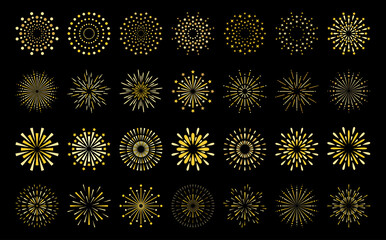 Wall Mural - Star shape gold fireworks explosion pattern set. Flat art deco style star shaped firework pattern collection isolated on black background. Christmas festive graphic design, carnival shine decoration