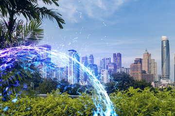 Cityscape of Bangkok city and technology drawing hud multiexposure. Day time.