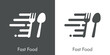 Concepto restaurante. Icono plano texto Fast Food con cubiertos con líneas de velocidad en fondo gris y fondo blanco