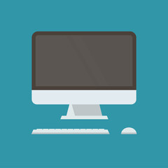Poster - flat computer screen with keyboard and mouse on blue background vector illustration.