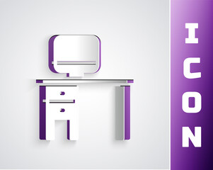 Poster - Paper cut Computer monitor and desk icon isolated on grey background. PC component sign. Paper art style. Vector Illustration.