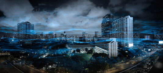 Fototapete - Smart city with Wireless network and Connection technology concept with Abstract Bangkok city background