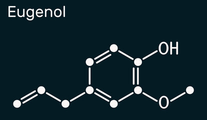 Sticker - Eugenol, clove essential oil molecule. Is used as flavoring for foods and teas and as herbal oil  to treat toothache. Skeletal chemical formula on the dark blue background