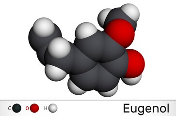 Poster - Eugenol, clove essential oil molecule. Is used as flavoring for foods and teas and as herbal oil  to treat toothache. Molecular model